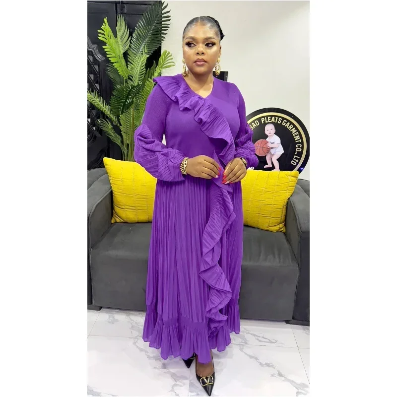 Miyake Pleated Dress for Women, Fashionable French Lace-up V-neck Long-sleeved Lace-up Ruffle Dress for Women, 2024 New