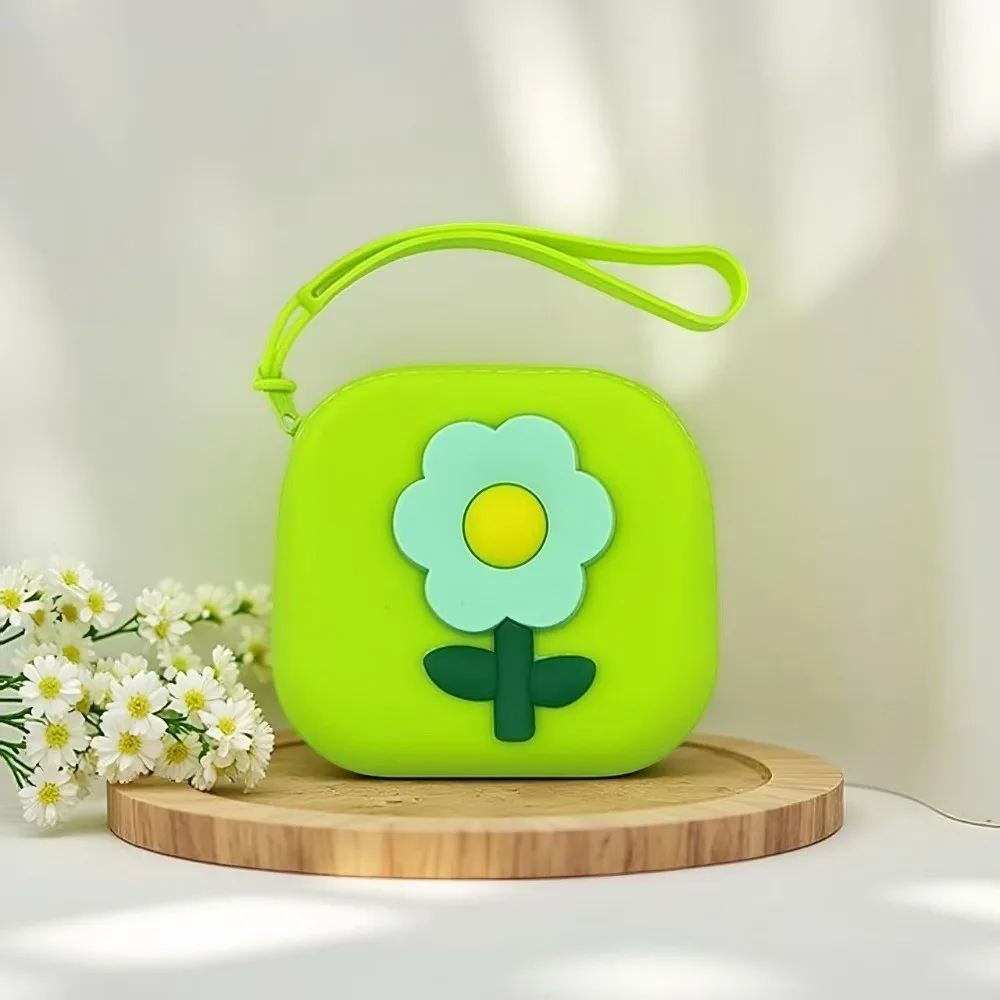 Portable Flower Silicone Storage Bag with Lanyard Multifunctional Coin Purse Square Waterproof Mini Wallet Earphone Storage