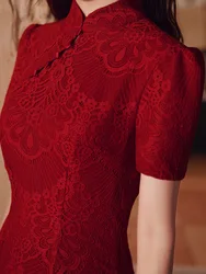 Chinese Style Red Lace Short Sleeve Cheongsam Slim Dress Elegant Traditional Evening Dresses Qipao