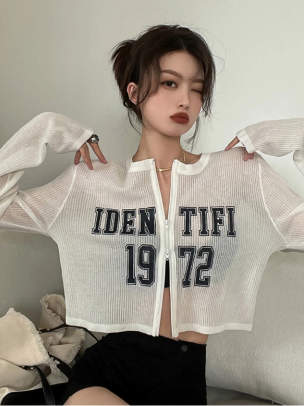 American Hot Girl Style Thin Sun Protection Air Conditioning Shirt Summer Letter Print Double Zipper Long Sleeve Short Cardig...