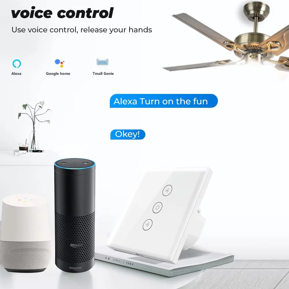 Tuya Touch Wifi Ceiling Fan Switch EU Smart Life Remote Timer Speed Wall glass APP Control Work with Alexa Google Home