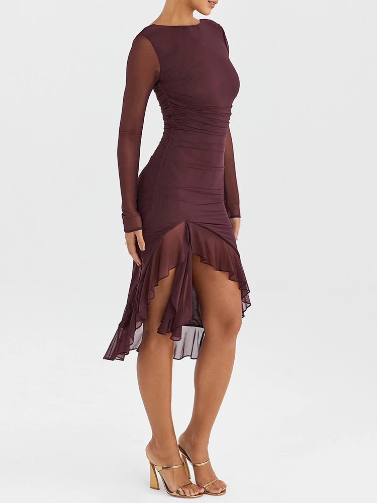 New Elegant Ruffle Ruched Midi Dress for Women Robe Sheer Long Sleeve Backless Irregular Club Party Sexy Dress Vestido