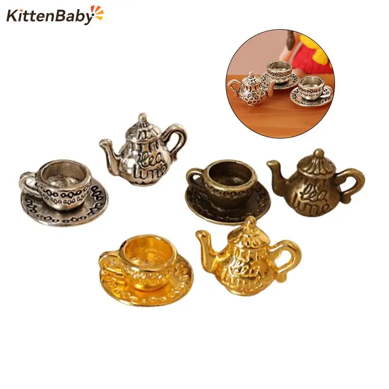 3Pcs/Set 1:12 Dollhouse Miniature Teapot Cup Saucer Metal Tea Set Dining Table Model Decor Toy Doll House Accessories