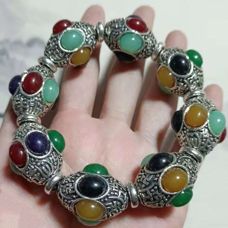 

Natural Jewel Inlaid Bracelets Jade Jewelry Green chalcedony Vintage Ethnic Jeweller Accessories