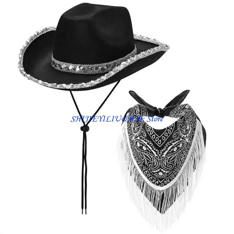 E21F Cowgirl Hat+Scarf Set for Music Festival Cool Scarf for Costume Party