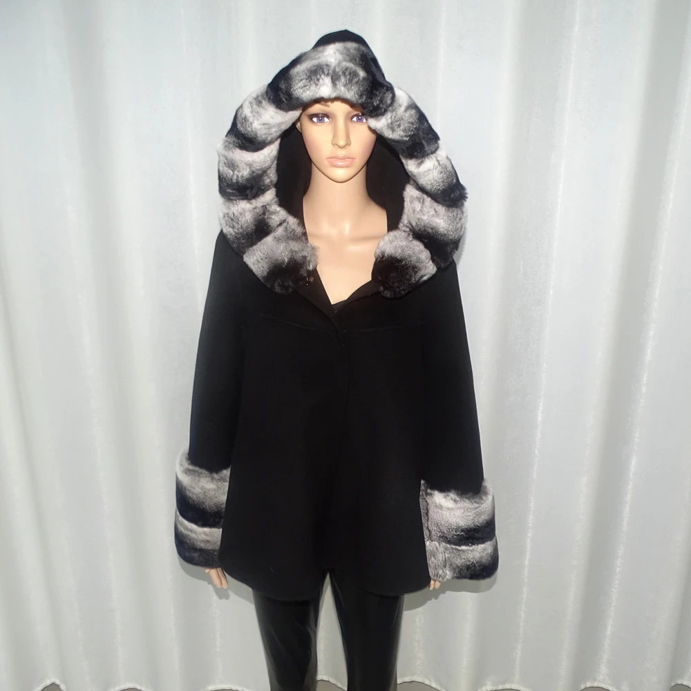 Double faced wool  Short  coat  women wool  hood  coat real fur 100% wool handmade Real wool coat girl  real fur