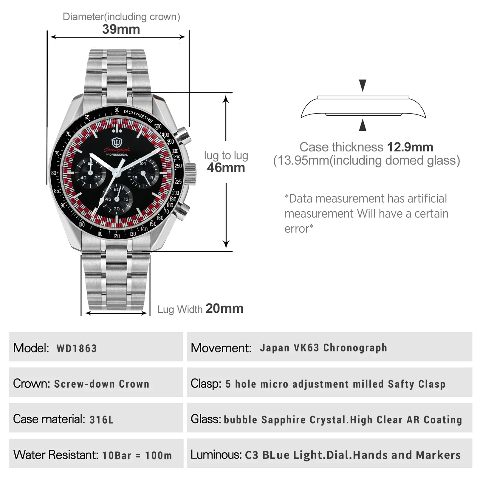 Watchdives WD1863 39mm Watch VK63 Quartz Chronograph Movement