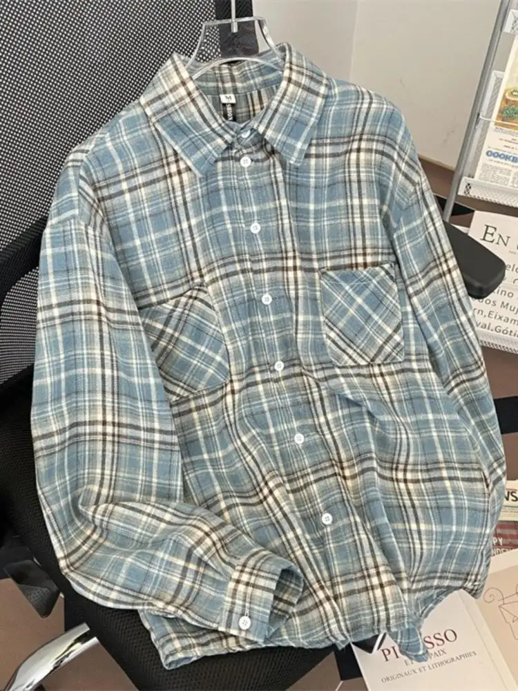 

Tawaaiw American Retro Cotton Plaid Shirt Women Clothes Long Sleeve Korean Fashion Turn-down Collar Blouse Spring Tops Chic