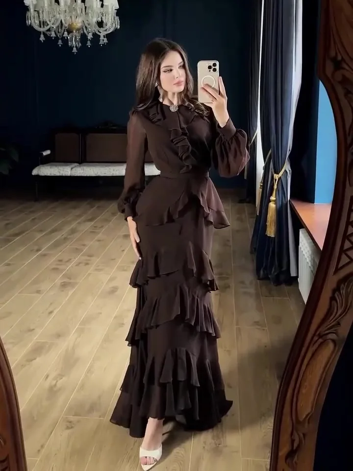 Elegant Solid Layered Ruffle Long Dress Women O Neck Long Sleeve Belt Chiffon Maxi Dress Autumn Wedding Guest Evening Party Robe