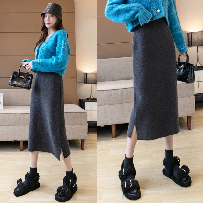 

2021 Autumn Winter Women's Skirt Gray Split Knit Medium Length High Waist A-line Skirt Hip Wrap Skirt Girls Commute