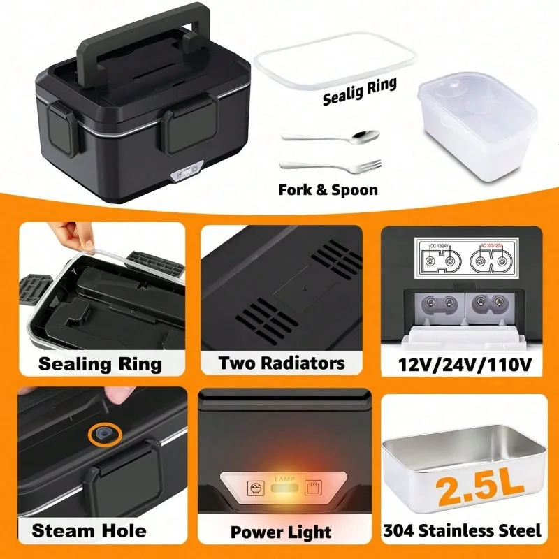Dual‑Use Electric Heated Lunch Box, 12V Car & Home Plug‑in Food Warmer, 304 Stainless‑Steel Portable Heating Bento Box with Insulated Bag, Fast Heating Food Container for Office, Car, Travel view 4
