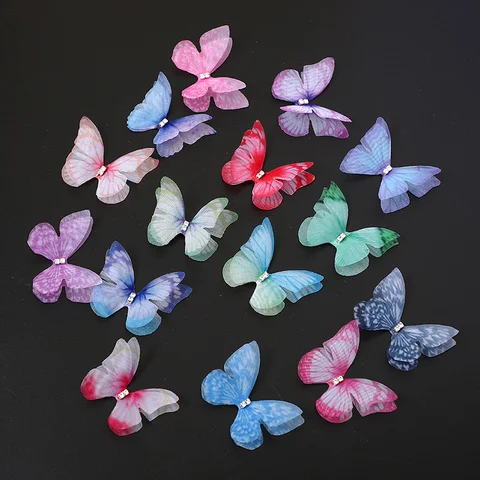 25-50PCS Double Layer Mesh Butterfly Wings With Rhinestones Handmade Accessories DIY Earring Hairpin Jewelry Hair Decoration