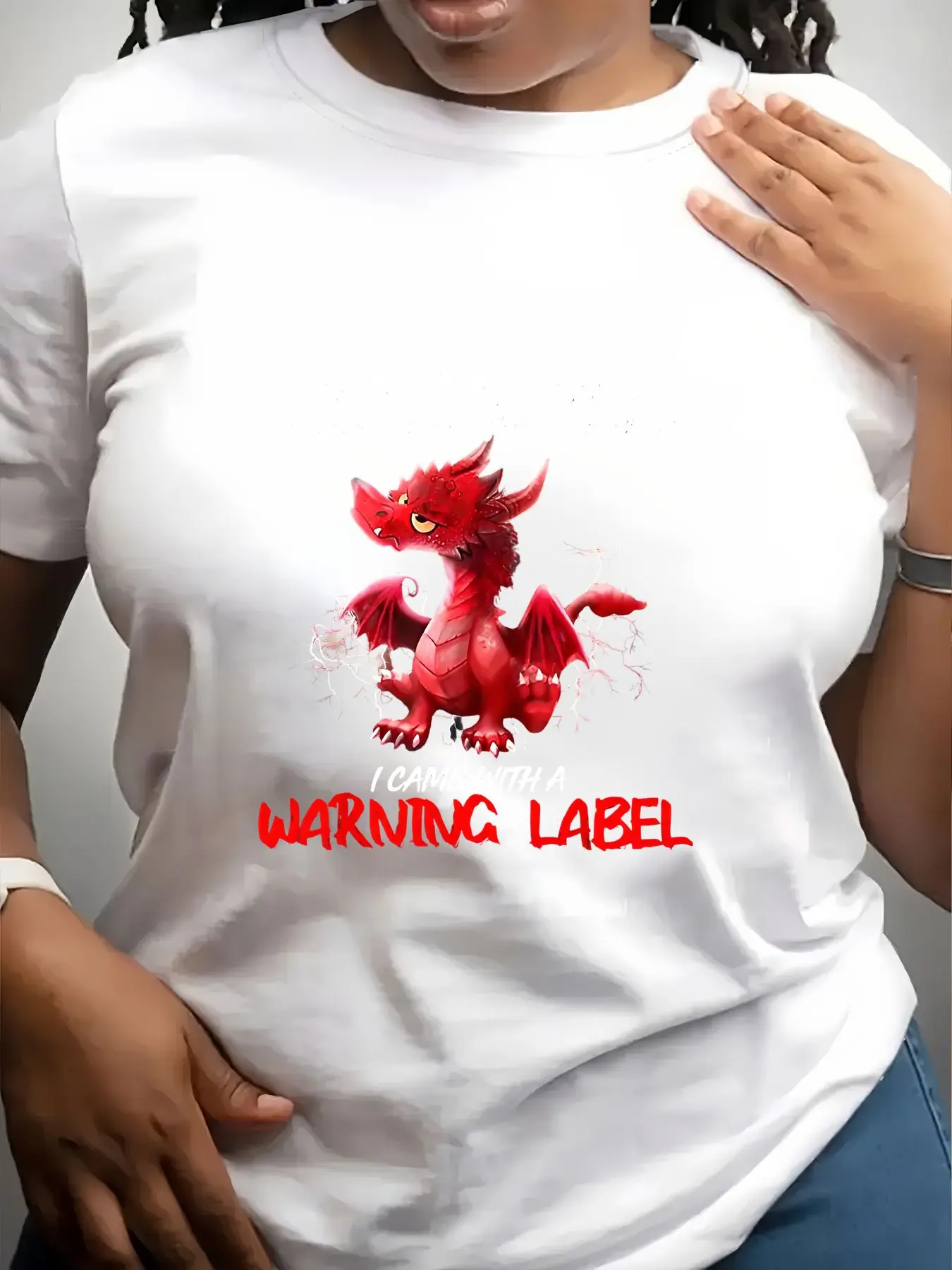 Women's Trendy Crew Neck T-Shirt Red Dragon Warning Label Print Suitable for Casual Sportswear