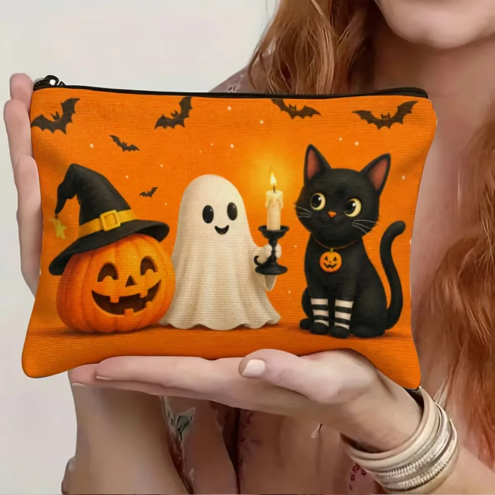 Cute Halloween Zipper Makeup Bag Pumpkin Ghost Black Cat Print Cosmetic Pouch Fall Spooky Season Storage Purse