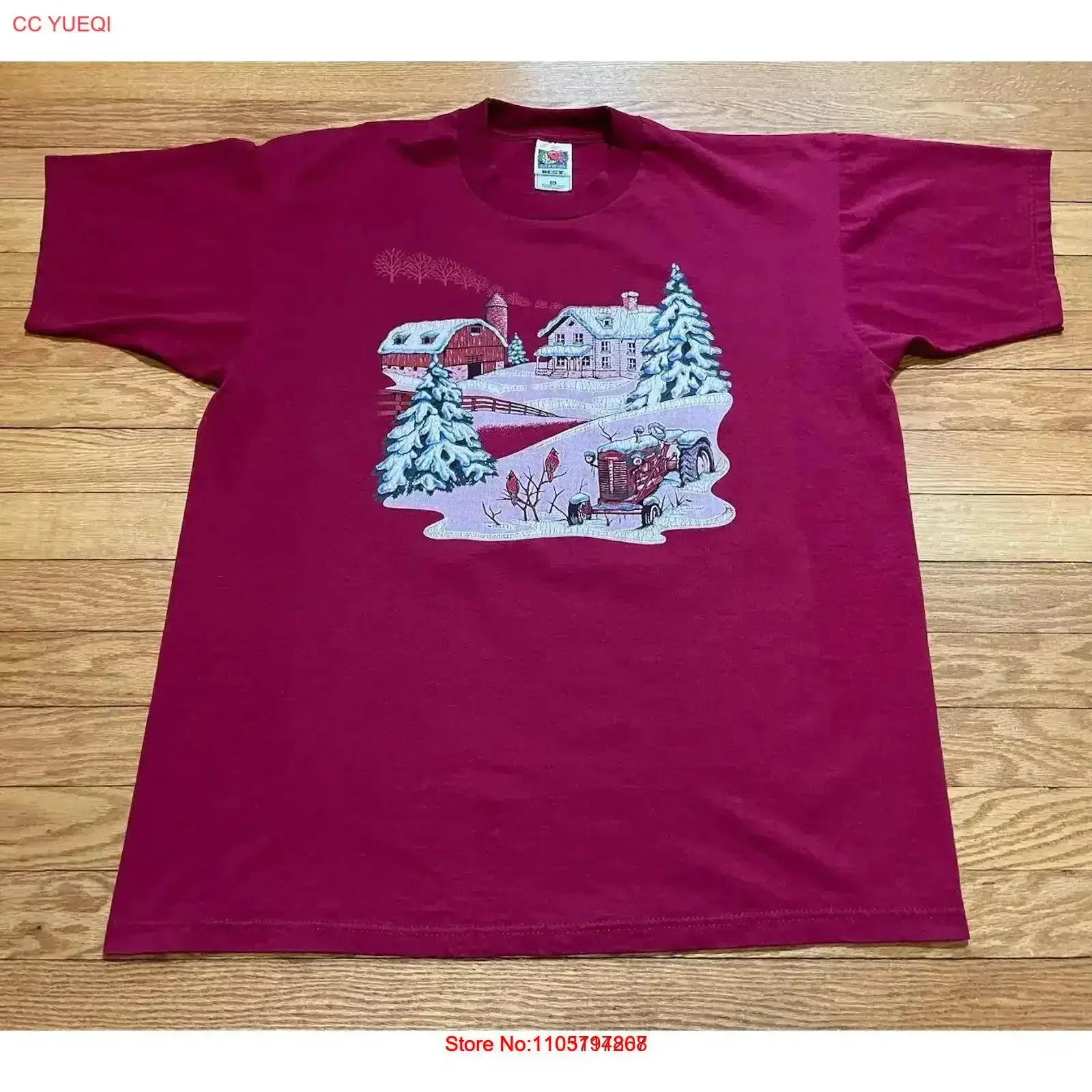 تي شيرت Vtg 90s Nature Snow Barn Farm Art مقاس XL عتيق مغسول ملابس الشارع الشهير ملابس غير رسمية مريحة