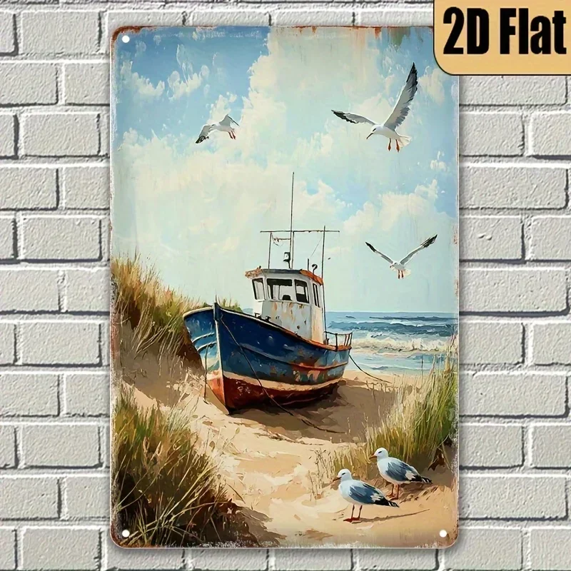 Vintage Nautical Boat Metal Wall Art – Rustic Ocean Scene  Sign for Garage or Beach House, 8x12 Inch Plaque