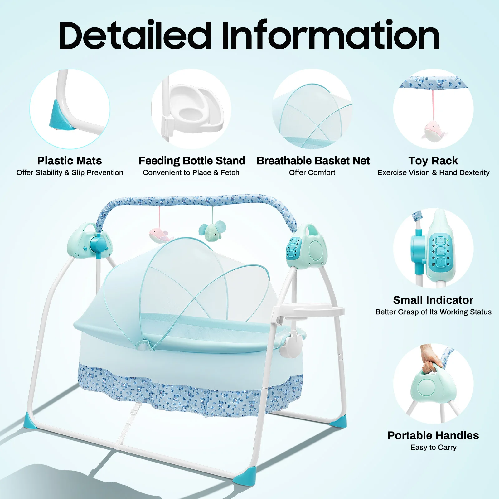 Balançoire électrique pour bébé, avec 12 chansons, Bluetooth, USB, 5 vitesses de balançoire, pour no