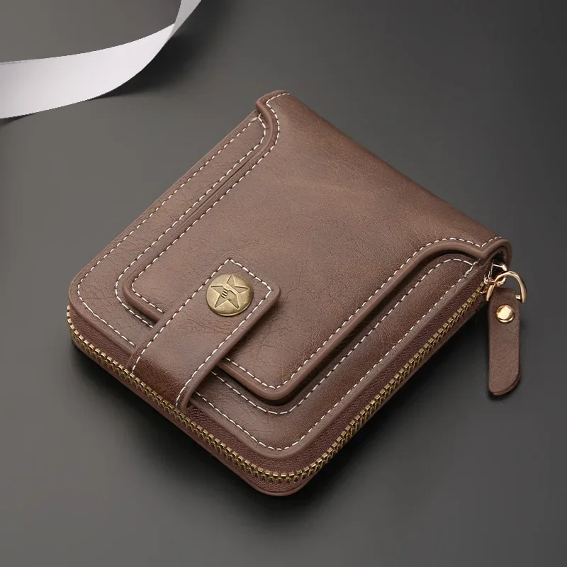 Cartera Retro corta para hombre, billetera multifuncional para estudiantes y jóvenes, empuje simple con hebilla para múltiples tarjetas, bolsa para dinero con cremallera oculta