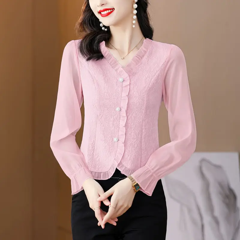 Fashion V-Neck Spliced  Asymmetrical Ruffles Shirt Women's Clothing 2023 Spring Summer New Casual Tops Office Lady Blouse