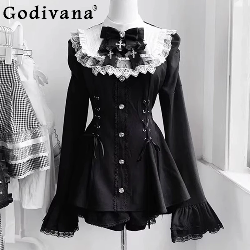 

Summer Black White Gothic Style Outfits Women Mass Produced Lace Shirt and Short Sutis Girls Autumn Japanese Lolita Set