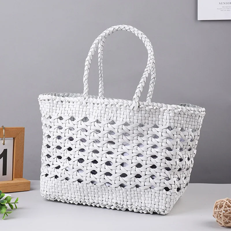 

Hand woven basket bag100% Genuine Leather Hollowed Woven Shoulder Bag Inside Vintage Shopping Cowhide Tote