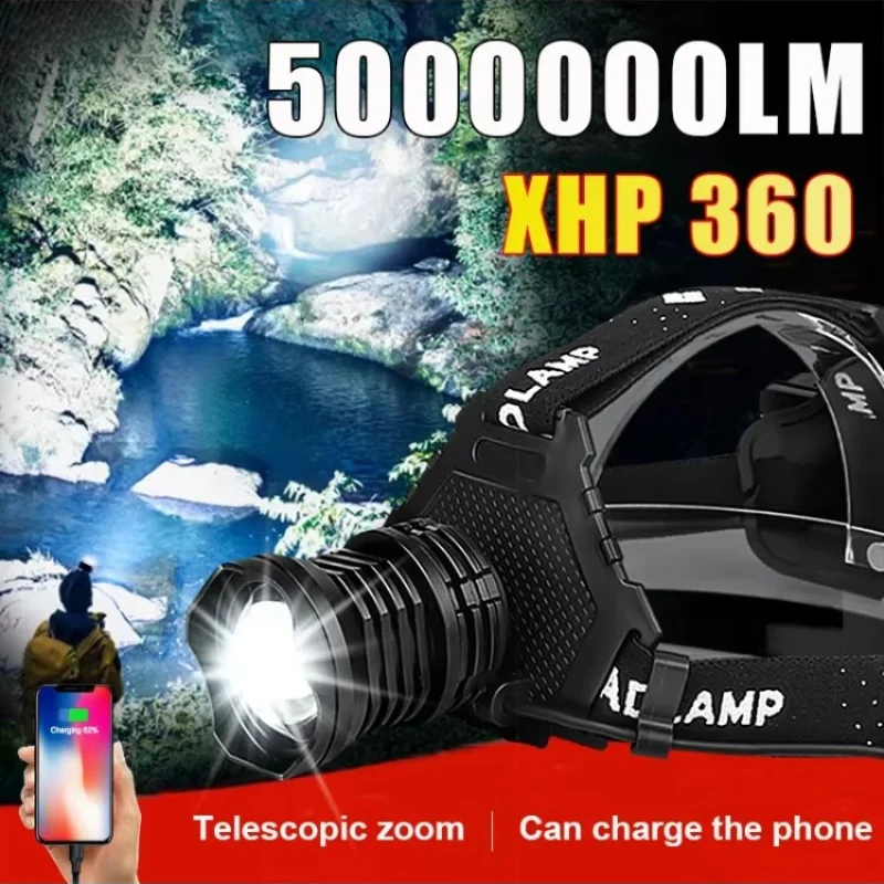 

Сверхъяркий налобный фонарь 5000000LM XHP360, перезаряжаемый светодиодный фонарь дальнего действия, водонепроницаемый, для рыбалки и активного отдыха