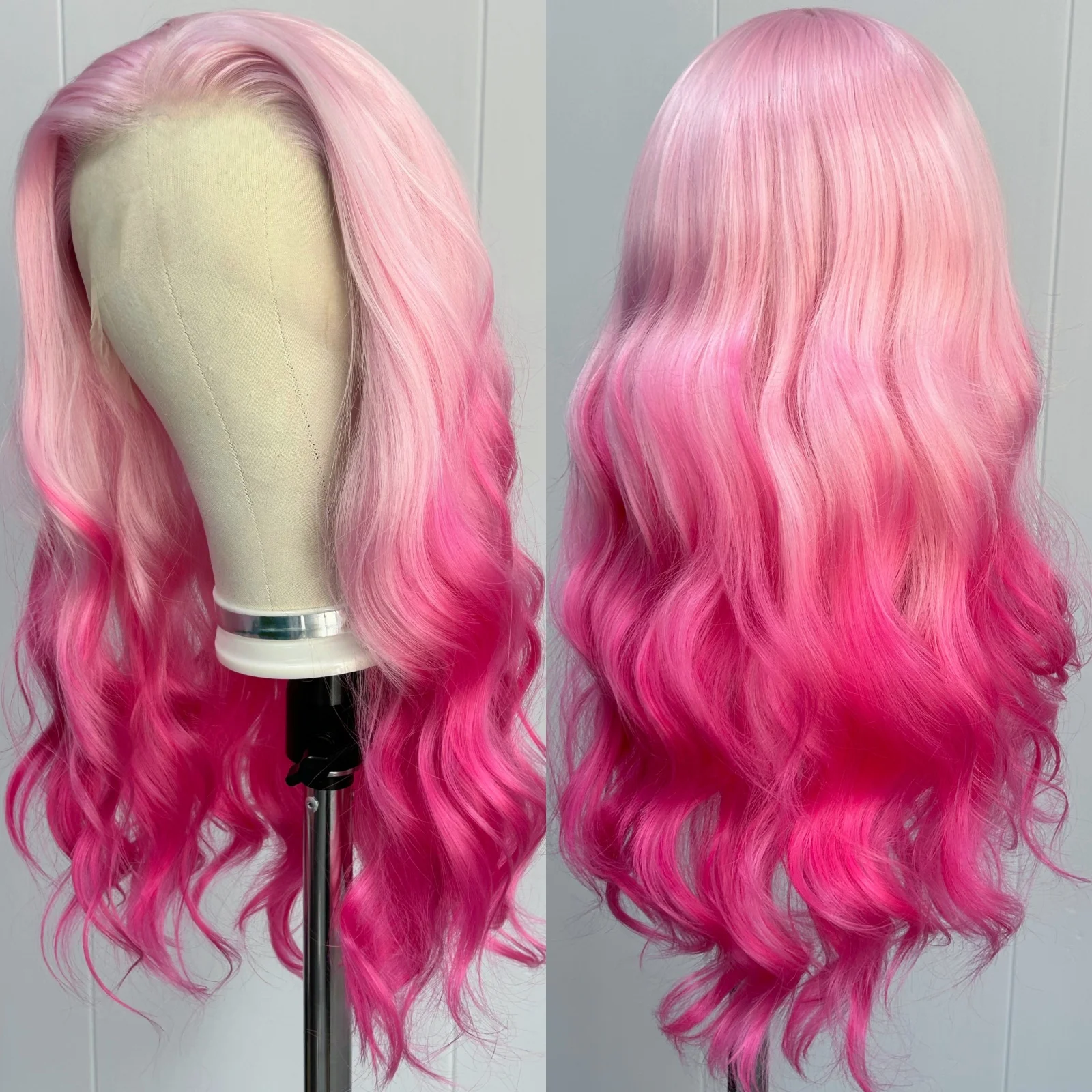 

Body Wave Ombre Pink Synthetic Lace Front Wigs for Women Middle Part Pre Plucked Light Pink Straight Hair Highlight Colored Wigs