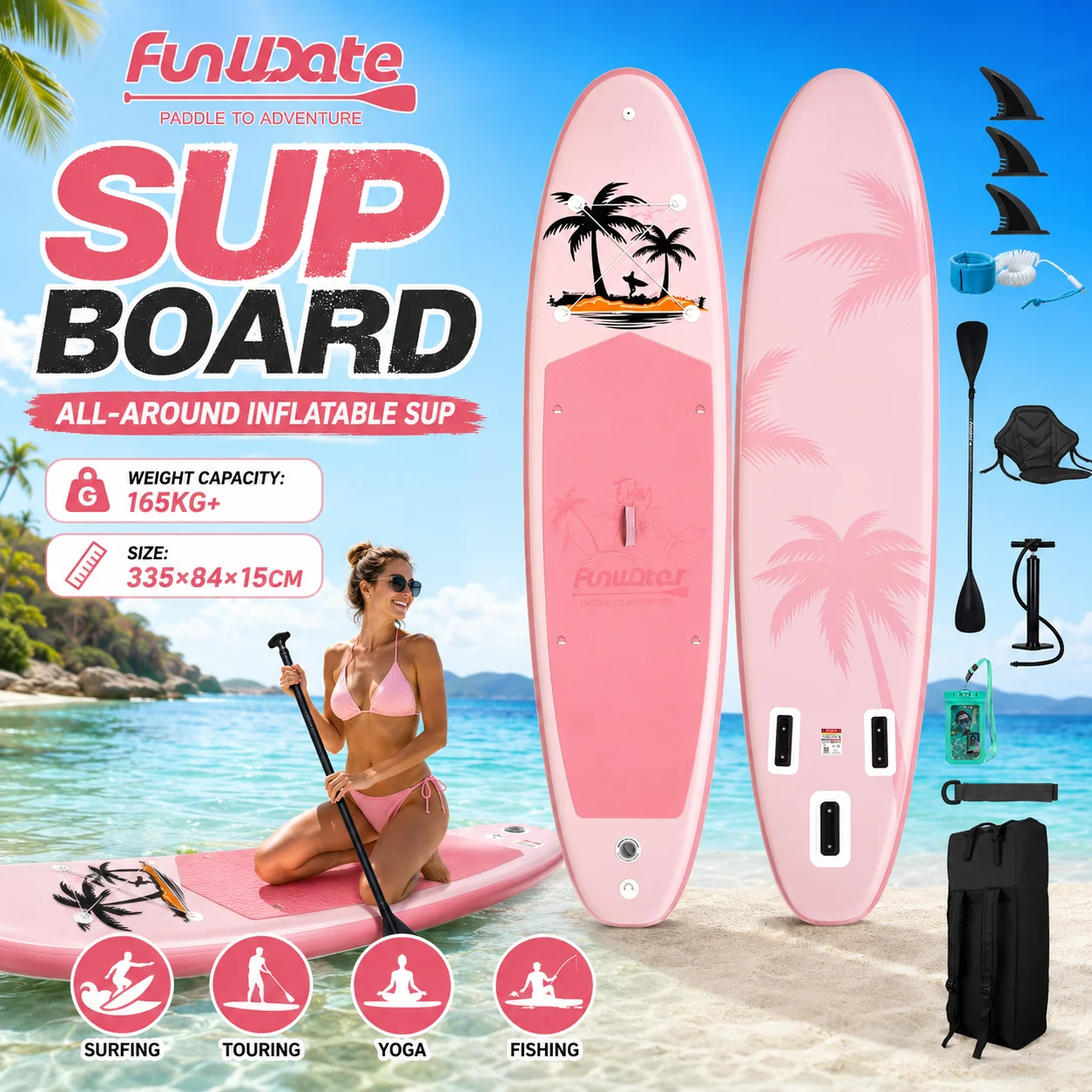Planche de SUP gonflable ultra-légère Funwater FW37B 335*84*15cm, design antidérapant, idéale pour adultes pour le surf, le yoga, la pêche et les loisirs aquatiques quotidiens