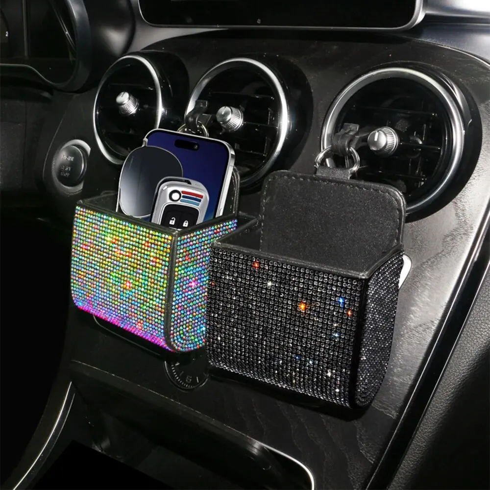 Car Storage Box Diamond-encrusted Car Air Conditioning Outlet Storage Multi-functional Leather Full Diamond Bag Auto Accessories