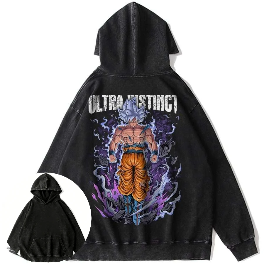 

Men's Vintage Washed Cotton Hoodie Y2K Anime Dragon Ball Super Ultra Instinct Goku Character Graphic Casual Pullover Hooded