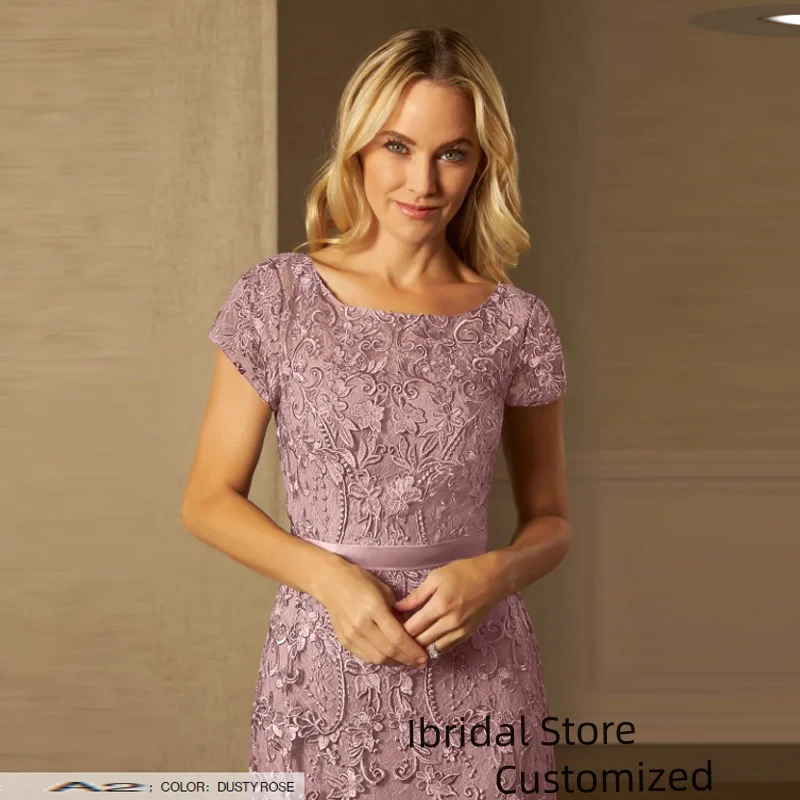 Customized Elegant O Neck Lace Appliques Short Sleeve A Line Long Mother Dress Ankle Length Bride Of Mother Dress Plus Size