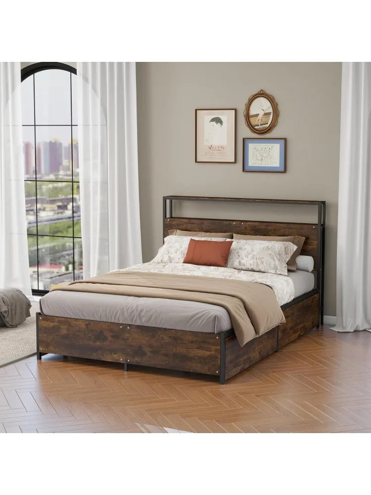 

Современный каркас кровати размера «queen-size» с 4 ящиками для хранения — промышленная кровать на платформе из металла и массива дерева, прочная и компактная
