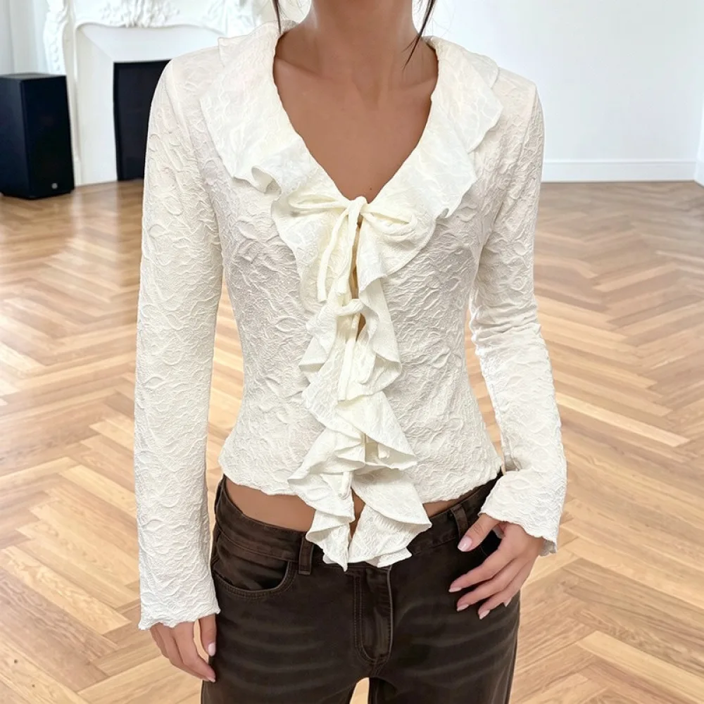Fashion Korean Style Long Sleeve Tee Womens V Neck Ruffled Lace Up Pullover Slim Fit Soft Daily Commuter Blouse