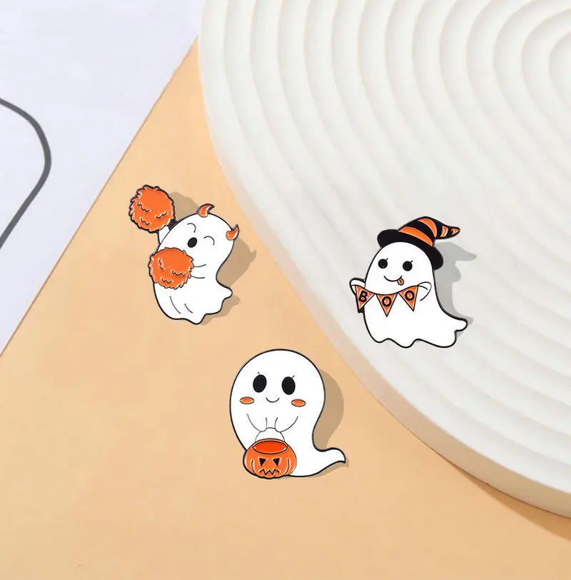 Esmalte Pins para o Halloween, Broches para Assustador, Fantasma Voador, Emblema Gótico de Abóbora, Botões Pinback, Acessórios Bonitos, Fantasma Feliz