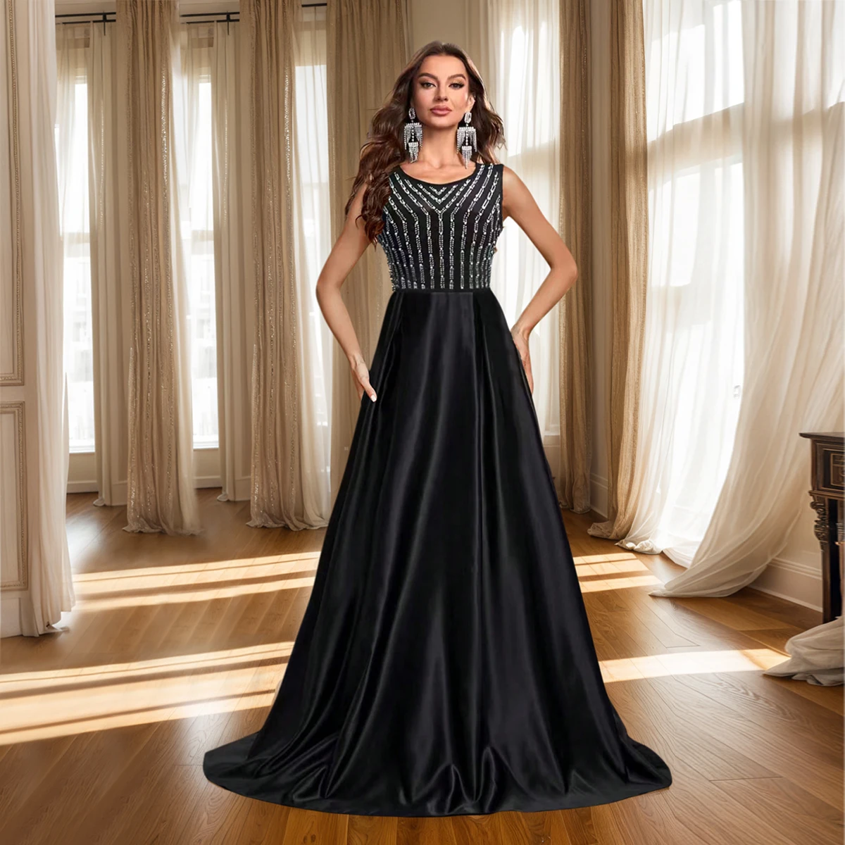 

Elegant Ladies Full-Length Diamond-Encrusted Floor-Length Gown Fashionable All-Season High-End Sensation Evening Dress