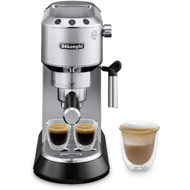 

Coffee and Cappucino Maker with Milk Frother, Metal / Stainless, Compact Design 6 in Wide, Espresso Machine.