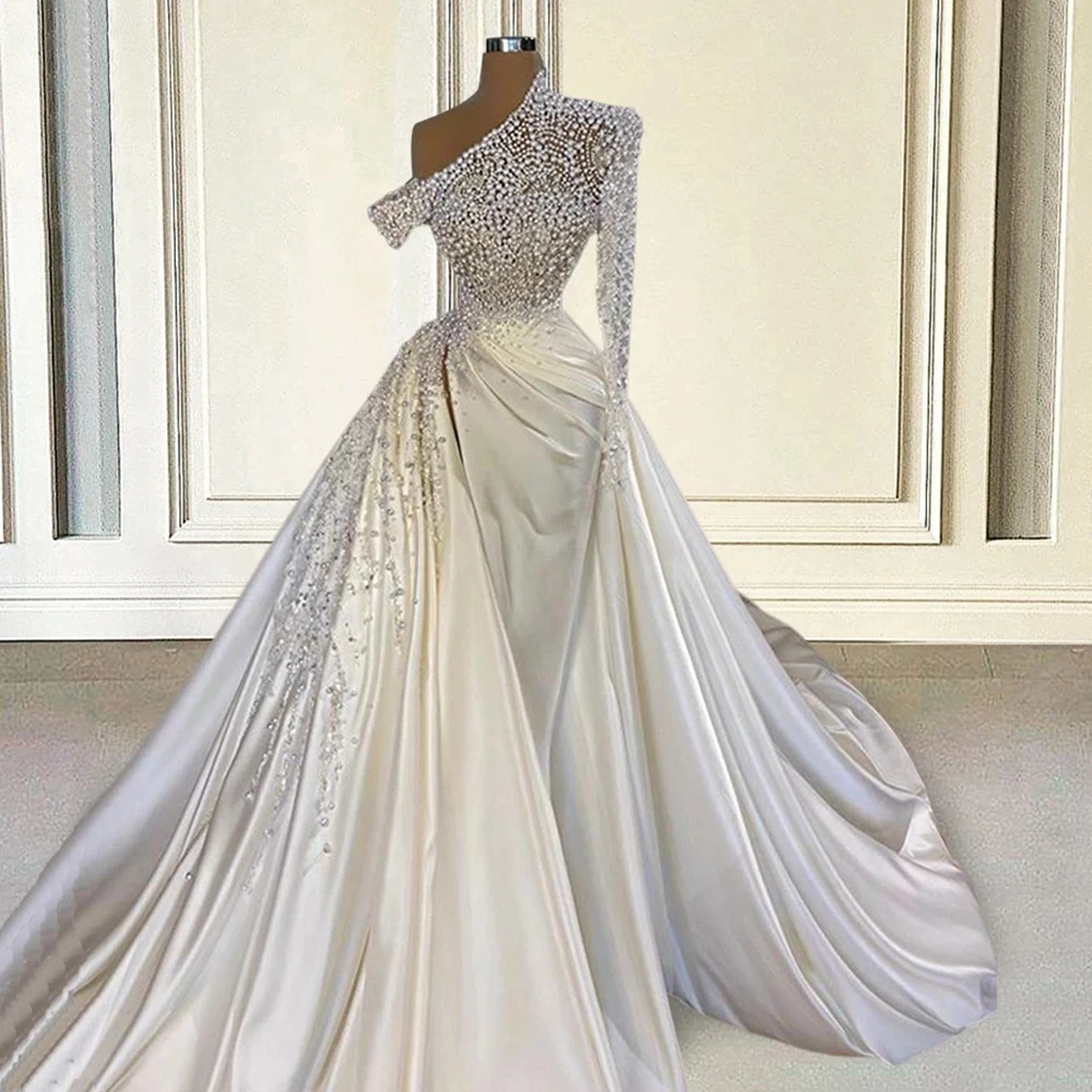 

One-shoulder African Wedding Dresses Black Girls Pearls Dubai Aso Ebi Women Muslim Bridal Gowns Saudi Arabia Customized 2026