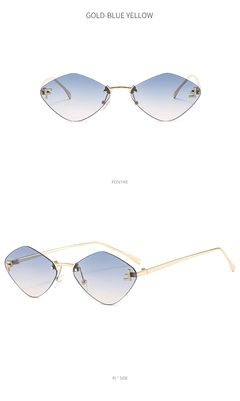 Trendige randlose rautenförmige Sonnenbrille F Damen-Sonnenbrille der Luxusmarke Damen klassische elegante Brillenschirme – Detail 12