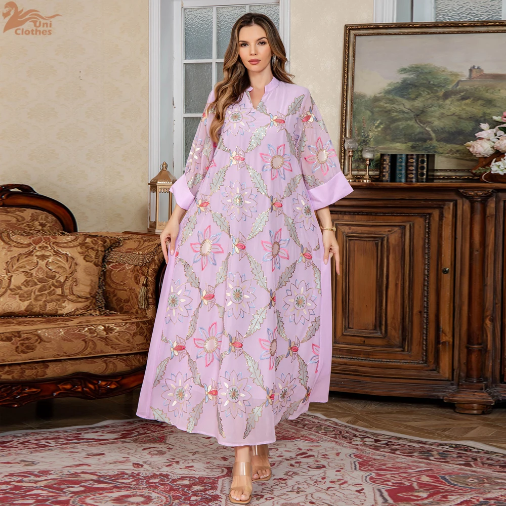 2025 ใหม่มุสลิมแฟชั่นดอกไม้เย็บปักถักร้อย Casual Abaya พับแขน Notched V คอชุดโมร็อกโกดูไบผู้หญิง Robe