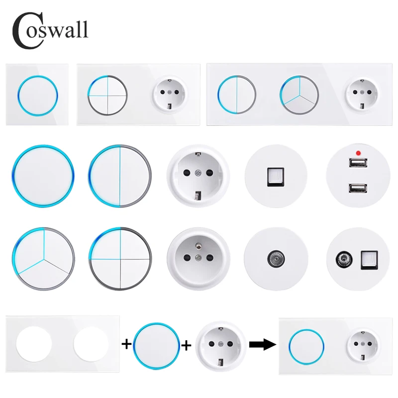 COSWALL 1/2/3/4 Gang 1/2 Way On / Off Wall Light Switch Large Aperture LED Backlight Data HDMI USB Charger Glass Panel White