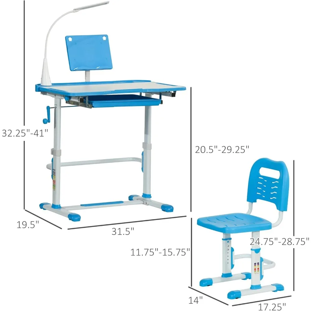 Kids Desk and Chair Set, Height Adjustable School Study Table and Chair, Student Writing Desk with Tilt Desktop, LED Light