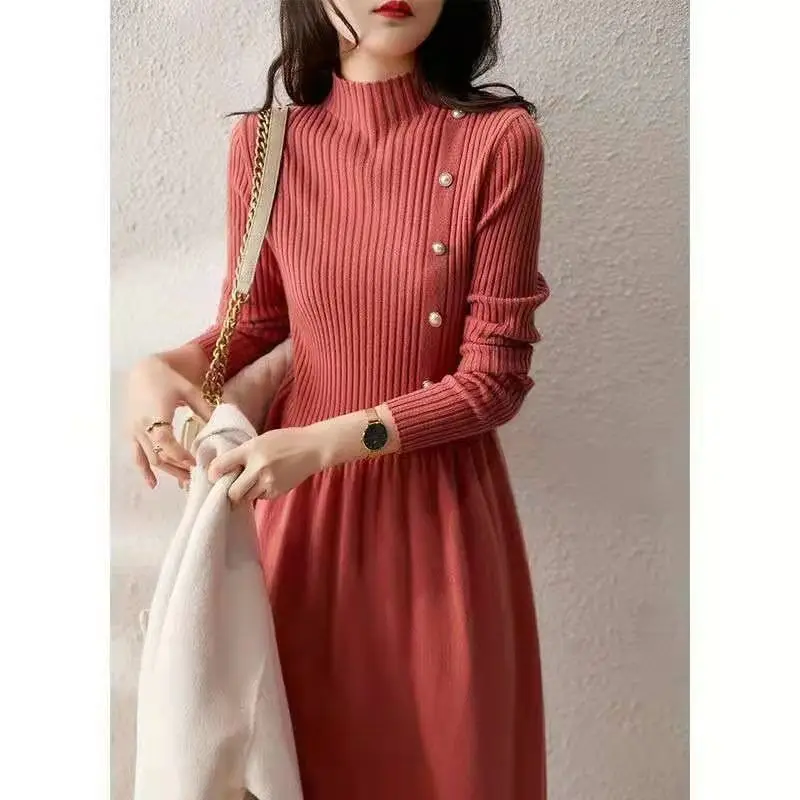 Spring Autumn New Slimming Slim Skirt Trendy Bead Buckle Embellishment Versatile Half High Collar Long Sleeve Dress Knitted