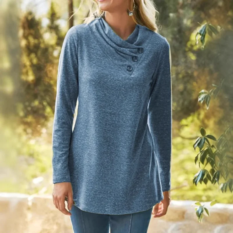 Sweat-shirt à manches longues pour femme, nouveau Style européen et américain, couleur unie, col ample, Design de boutons, automne hiver