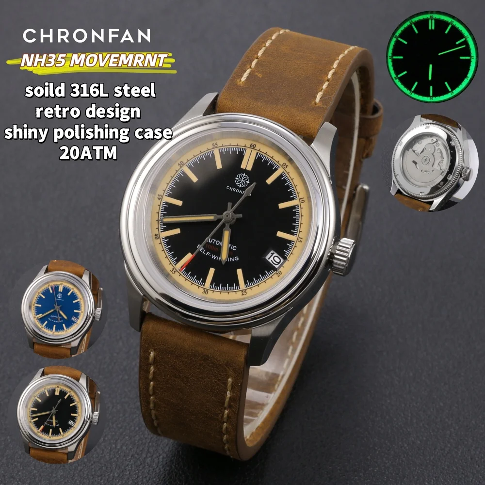 

38mm Retro Men's Automatic Watch NH35 Movement 200M Waterproof C3 Luminous Sapphire Crystal Leather Strap Wristwatch