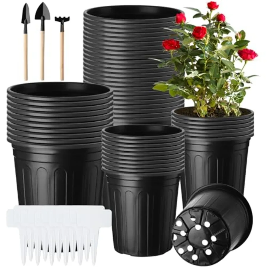 

300 Pcs 1/2 Gallon Plant Nursery Pots for Outdoor Transplanting Flexible Plastic Black Drainage Holes Labels Included