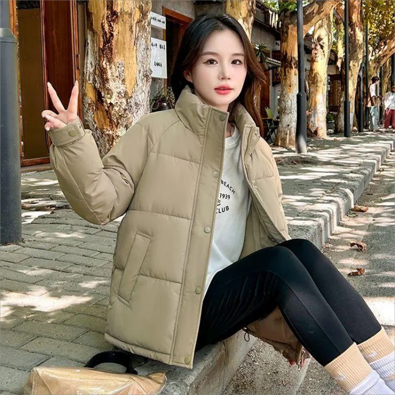 Winter Women\'s Fashion Padded Jacket Cotton Jacket Short Bread Suit Solid Color Casual Stand Collar Thickened Warm Loose Coat