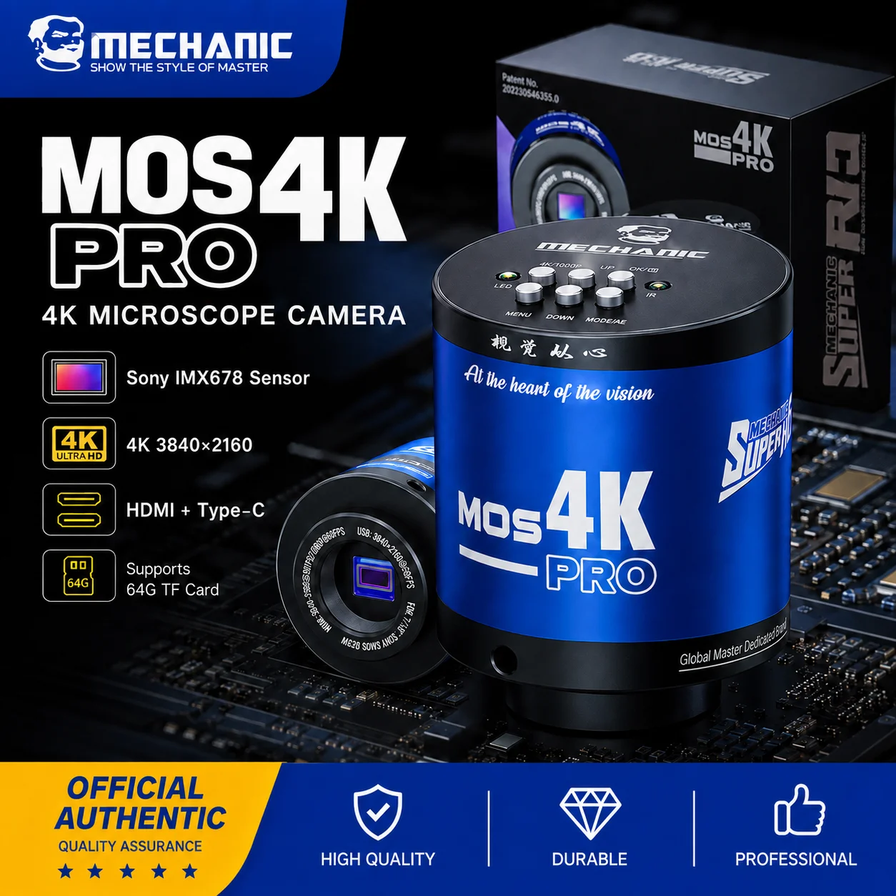 MECHANIC MOS-4K PRO 4K Trinokulares Mikroskop-Kamera Sony IMX678 8,29MP HDMI Typ-C 30FPS 64GB TF für Handy-PCB-Lötreparaturen