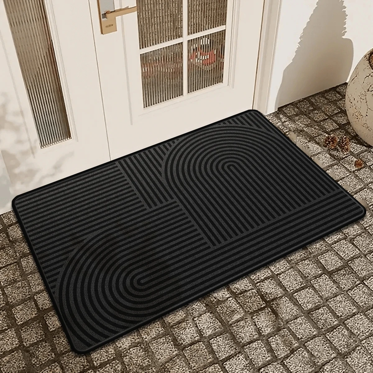 Modern Abstract Arch Line Graphic Entrance Mat Minimalist Geometric Striped Decor Rug Neutral Stylish Home Accessory for Front