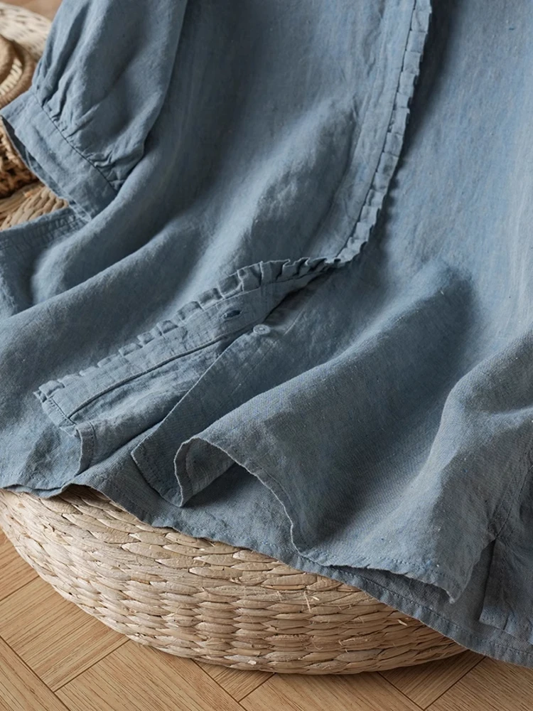 レトロなコットンリネンまたはスウェット素材の女性用サマートップス、多用途でカジュアル、ゆったりとしたスリムフィット、切り替えデザイン、木製耳飾り付きリネントップス