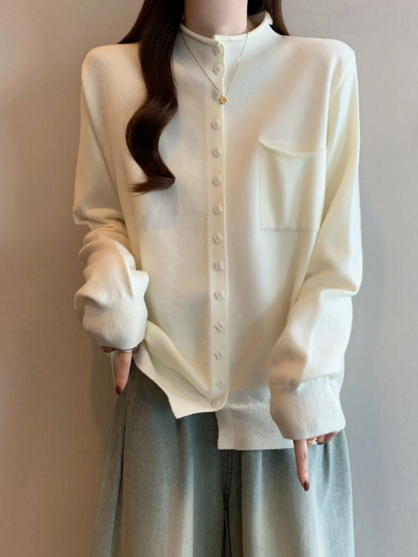 

Женский вязаный кардиган с высоким воротником на одной пуговице, мягкий, уютный, базовый, с длинными рукавами, для повседневной носки, больших размеров